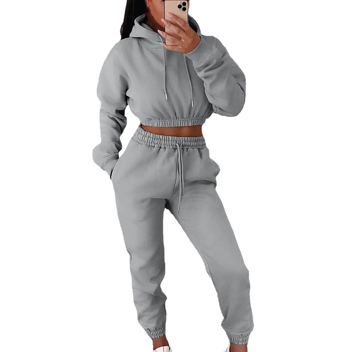 Chic Women's 2-Piece Long Sleeve Crop Top Hoodie & Sweat Pants Set