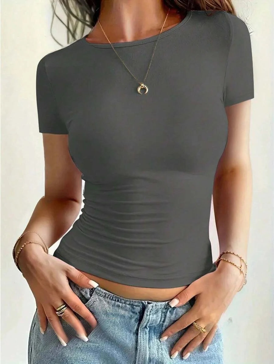 Women's Slim Fit Scoop Neck Short Sleeve Crop Top T-Shirts