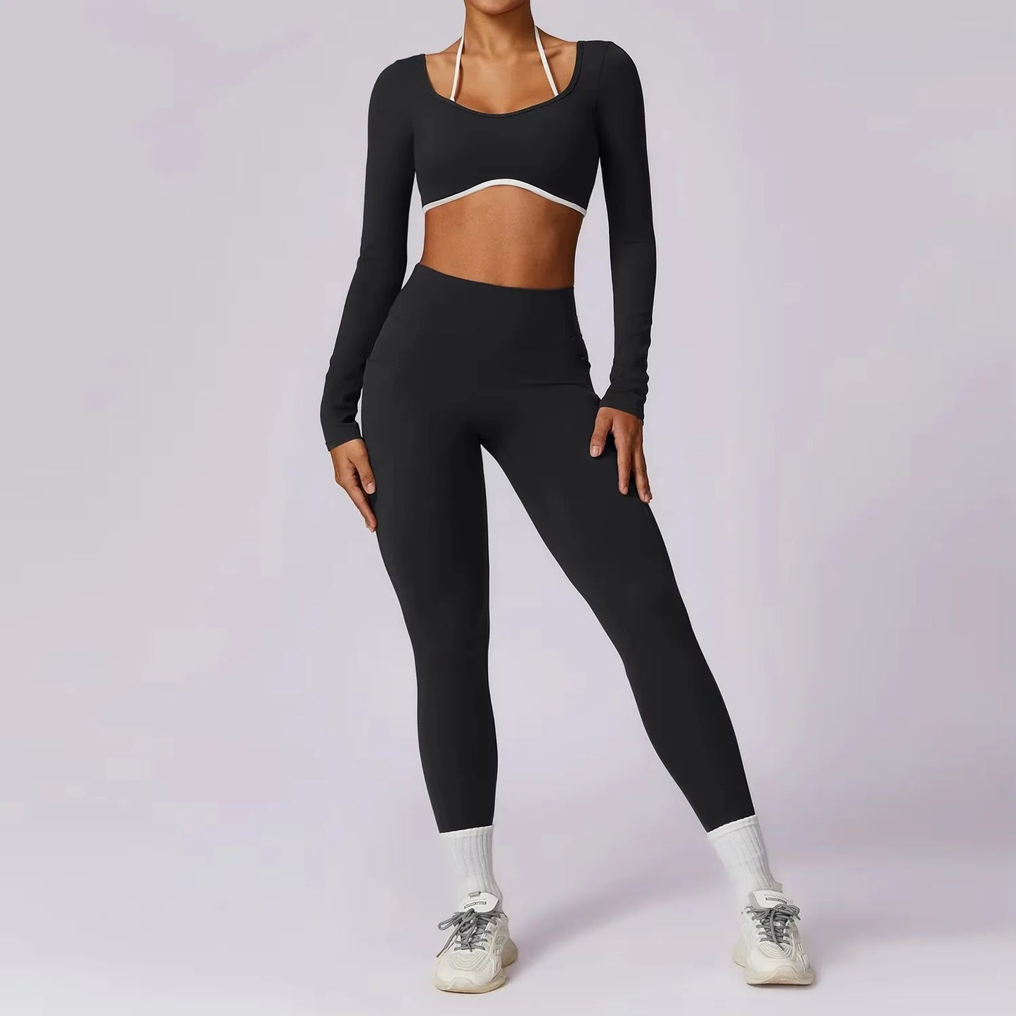 Yoga Set 2PCS Women Sportswear Push Up Bra Crop Top Long Sleeve & Leggings Sports Suits