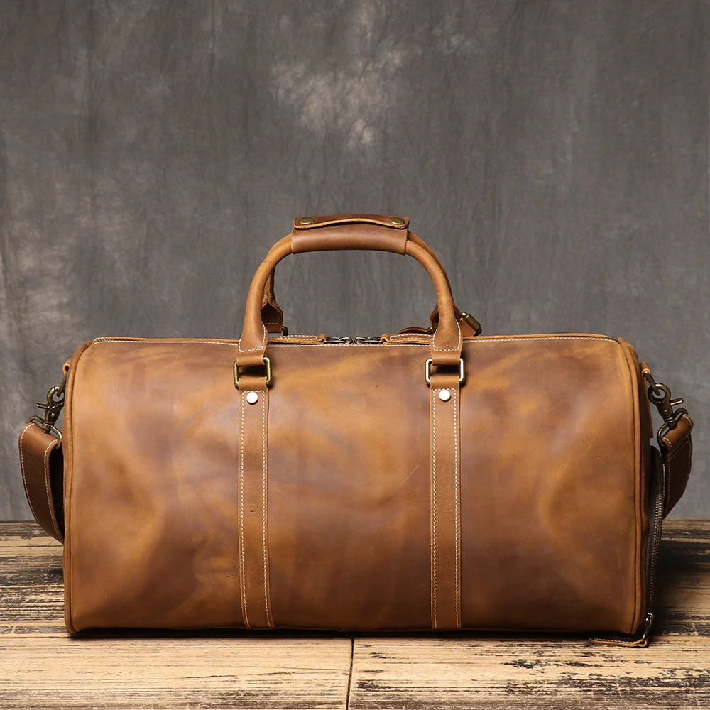 Unisex Crazy Horse Leather Crossbody Bag-Large Capacity Cowhide Handbag with Shoe Compartment, Dual-Use Travel Bag