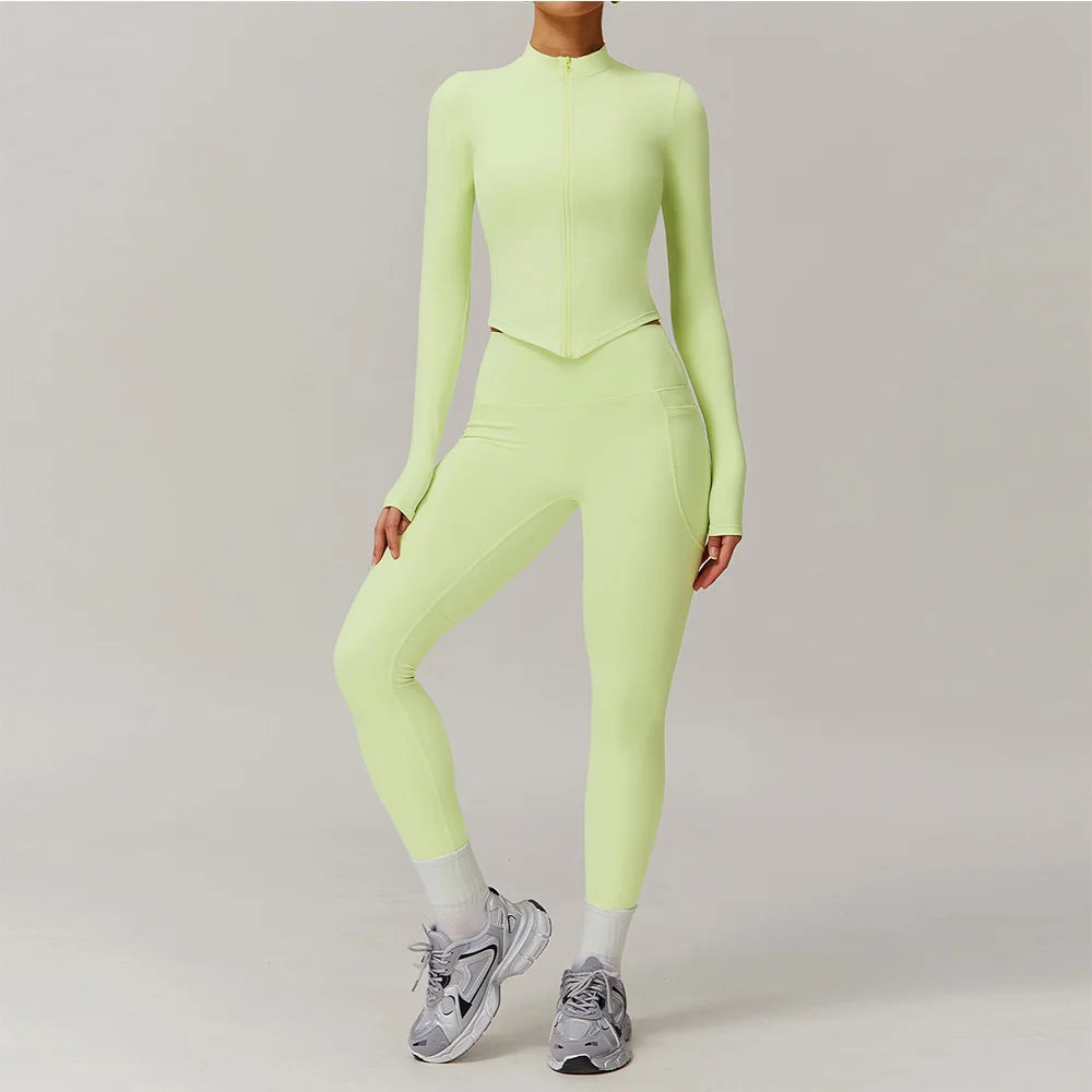 2 Pieces Yoga Set Fitness Jacket Long Sleeve High Waist Leggings Sports Suit