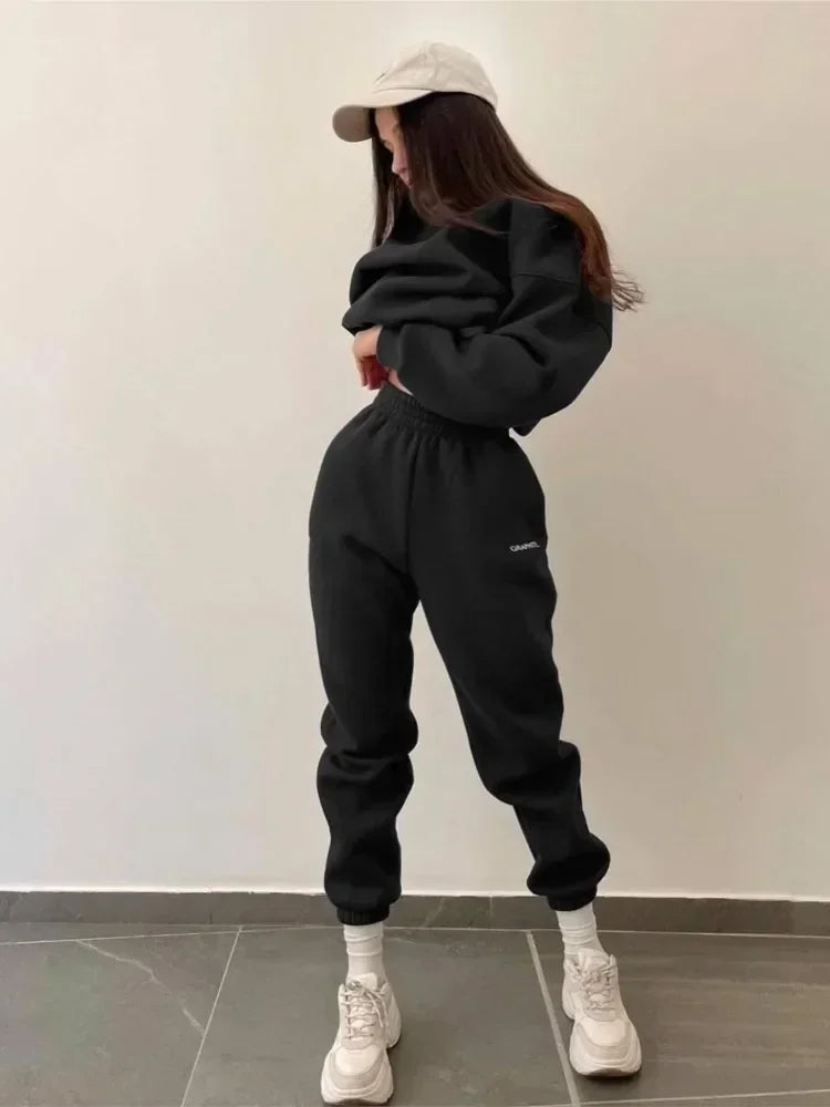 Women's Casual Sports Suit 2 Piece Set - Solid Color Warm Hoddie + Pants / Fashion Jogger Outfit Tracksuit