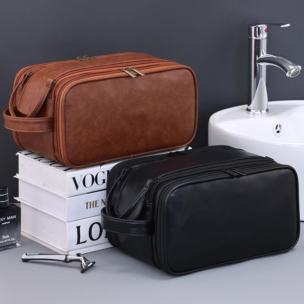 Multi-Pocket Leather Toiletry Bag-Waterproof Hanging Travel Makeup & Cosmetic Organizer for Women & Men
