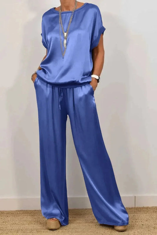 Women's Satin two Piece Set - Casual Loose O-Neck Short Sleeve T-Shirt & Wide Leg Pants Outfit for Spring Summer