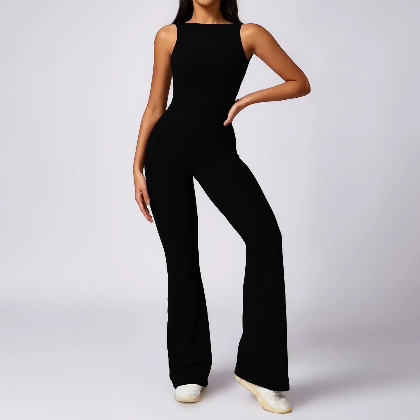 Hollow Out Backless One-Piece Yoga Jumpsuit - Women's Sleeveless Fitness Bodysuit with Flare Legs