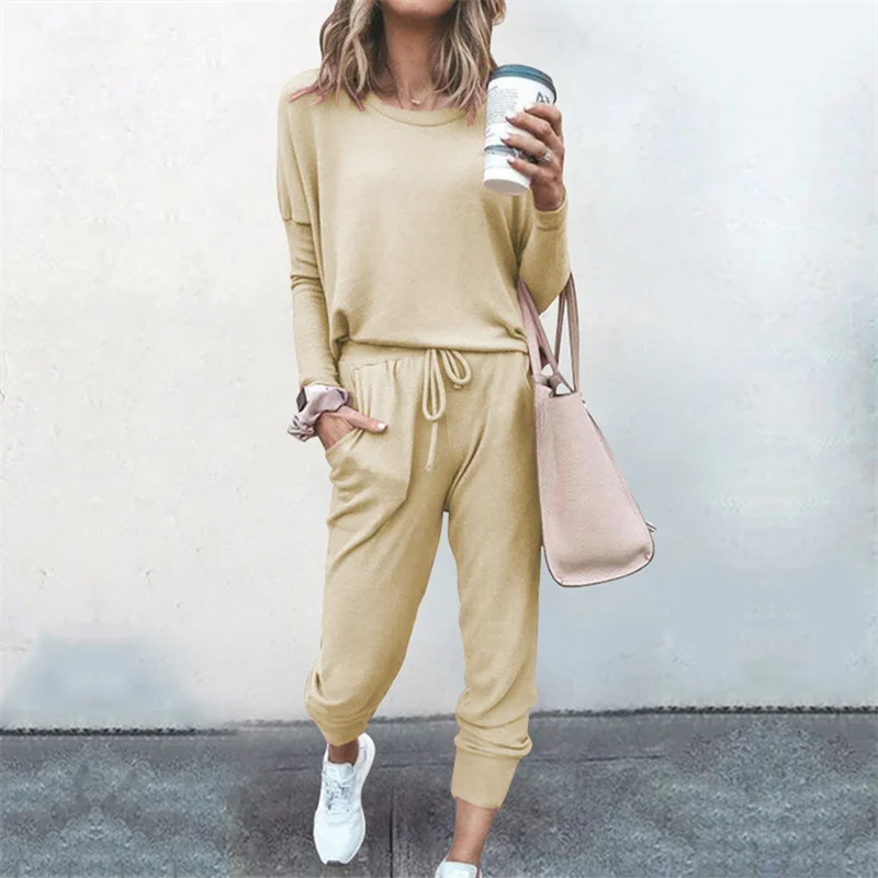 Women's Long Sleeve Pajama Set - Casual Solid Color Round Neck Top & Pants / Simple O-Neck 2 Piece Loungewear Outfit