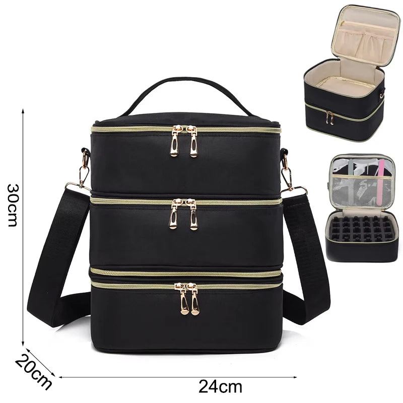 Portable 2-Layer Nail Polish Storage Bag - Women's Travel Nail Essentials Organizer, Multi-Function Cosmetic Storage Box with Shoulder Strap