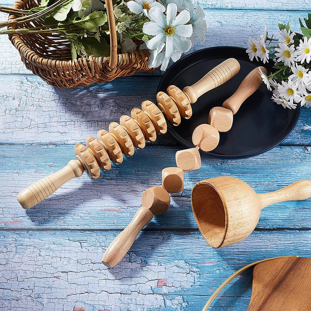 Wood Therapy Massage Tools Set - Wooden Gua Sha Board, Scraper & Massage Roller for Cellulite, Lymphatic Drainage & Muscle Relief