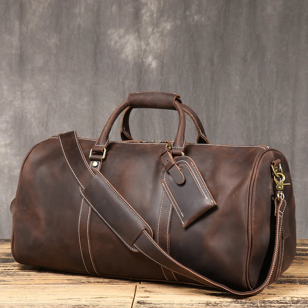 Unisex Crazy Horse Leather Crossbody Bag-Large Capacity Cowhide Handbag with Shoe Compartment, Dual-Use Travel Bag