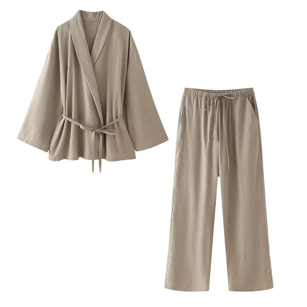 Women's Wide Leg Pants Suit Set - Fashion Lapel V-Neck Long Sleeve Blazer with Belt / Elegant Solid Color Outfit
