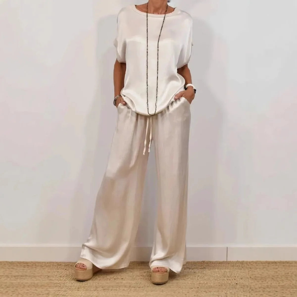 Women's Satin two Piece Set - Casual Loose O-Neck Short Sleeve T-Shirt & Wide Leg Pants Outfit for Spring Summer