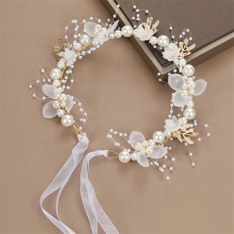 Bohemian Girls Bridal Pearl Hair Headdress Flower Wreath