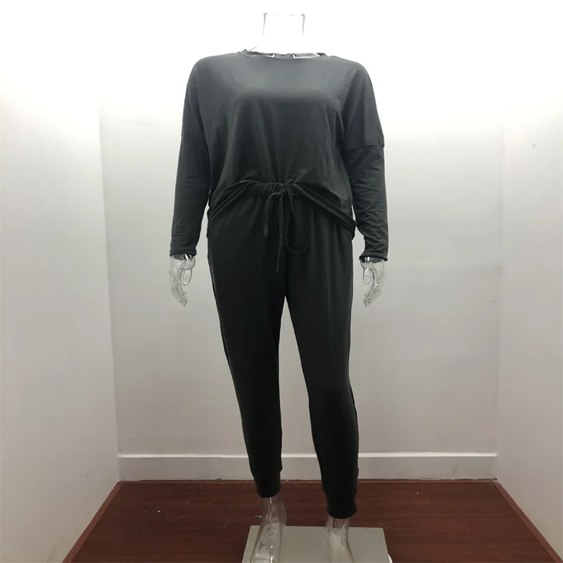 Women's Long Sleeve Pajama Set - Casual Solid Color Round Neck Top & Pants / Simple O-Neck 2 Piece Loungewear Outfit