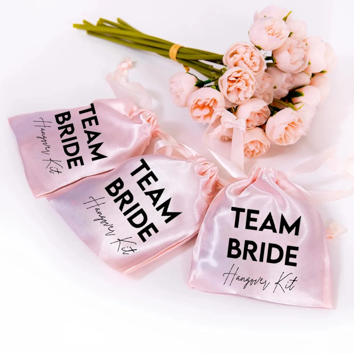 5 pcs Pink Team Bride Hangover Satin Gift Bags Bridal Showers Bachelorette Parties & Wedding Favors Decoration