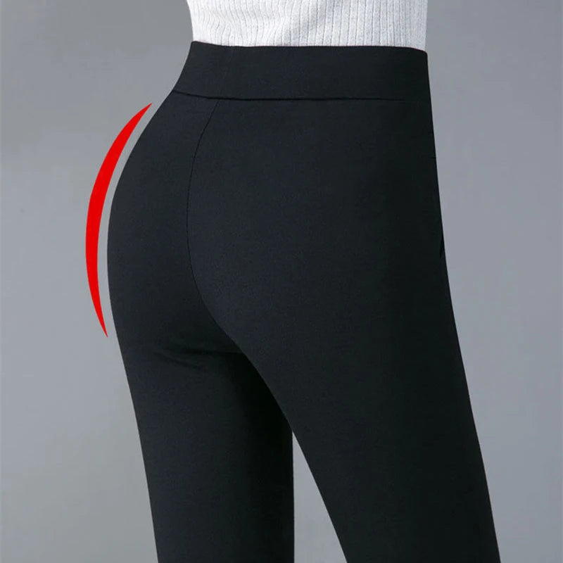 Warm Winter Fleece Lined Pencil Pants for Women - Plush Stretch Skinny Trousers