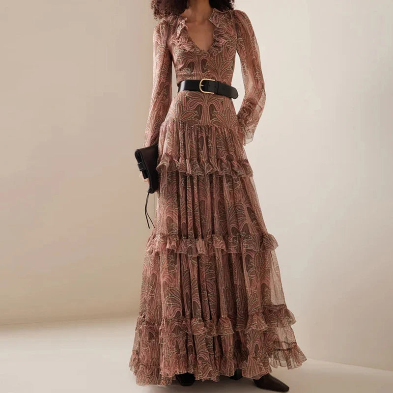 Elegant French Style Floral Maxi Dress: Pleated Ruffle V-Neck – Vintage Boho Charm for Every Occasion!
