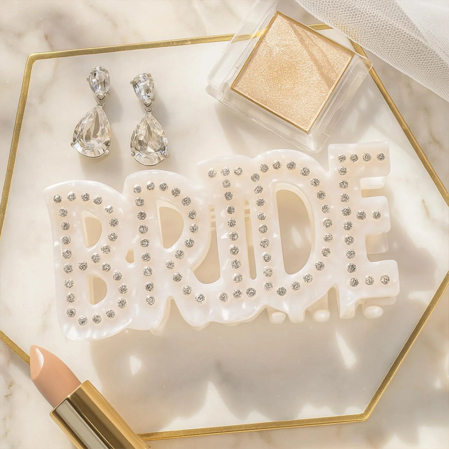 Bride Hair Claw Clip – White Ponytail Holder with Rhinestone Bride Letter Design for Weddings & Bridal Parties