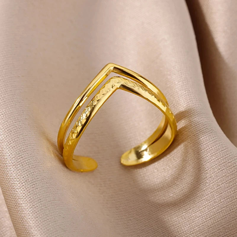316L Stainless Steel Geometric Open Ring for Women - Gold Color, Waterproof & Tarnish-Resistant Vintage Aesthetic Jewelry
