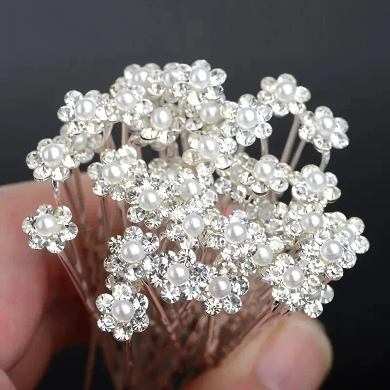 20 pcs Elegant Pearl & Crystal Bridal Hairpins – U-Shaped Metal Hair Forks & Hair Combs for Wedding Hairstyles & Accessories