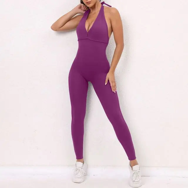 Nylon V Back One Piece Jumpsuit Scrunch Pant Breathable Women's Exercise Clothes