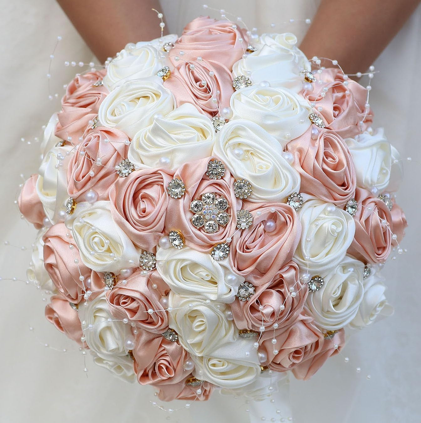 Bridal Wedding Bouquet round Bling Brooch Bouquet Throw Toss Artificial Rose Flower Bunch for Bride Bridesmaid Wedding Quinceanera(White & Black, 7.5")
