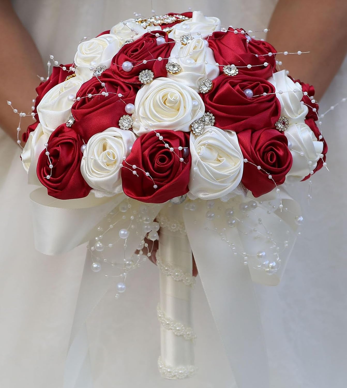 Bridal Wedding Bouquet round Bling Brooch Bouquet Throw Toss Artificial Rose Flower Bunch for Bride Bridesmaid Wedding Quinceanera(White & Black, 7.5")