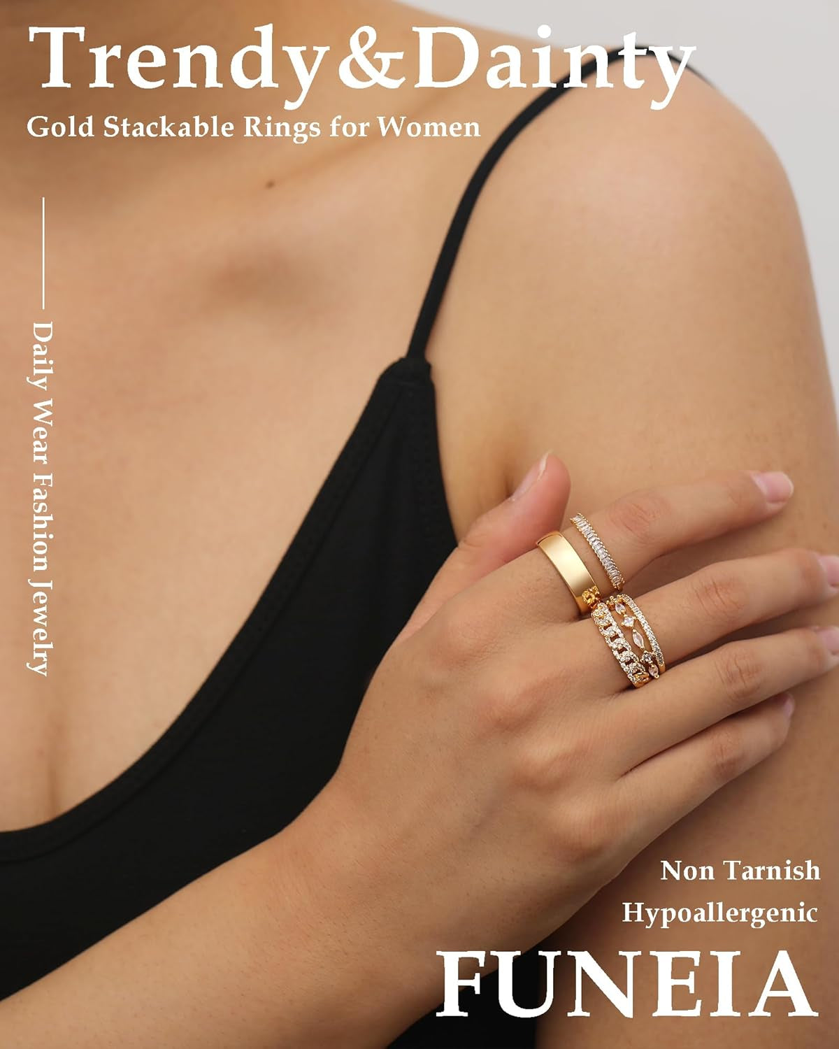 Stackable Gold Rings for Women Non Tarnish Trendy Dainty 14K Gold Plated Stacking Cubic Zirconia Thumb Ring Set Pack Statement Chunky Band Rings Promise Engagement Rings Size 7 8 9 10 11