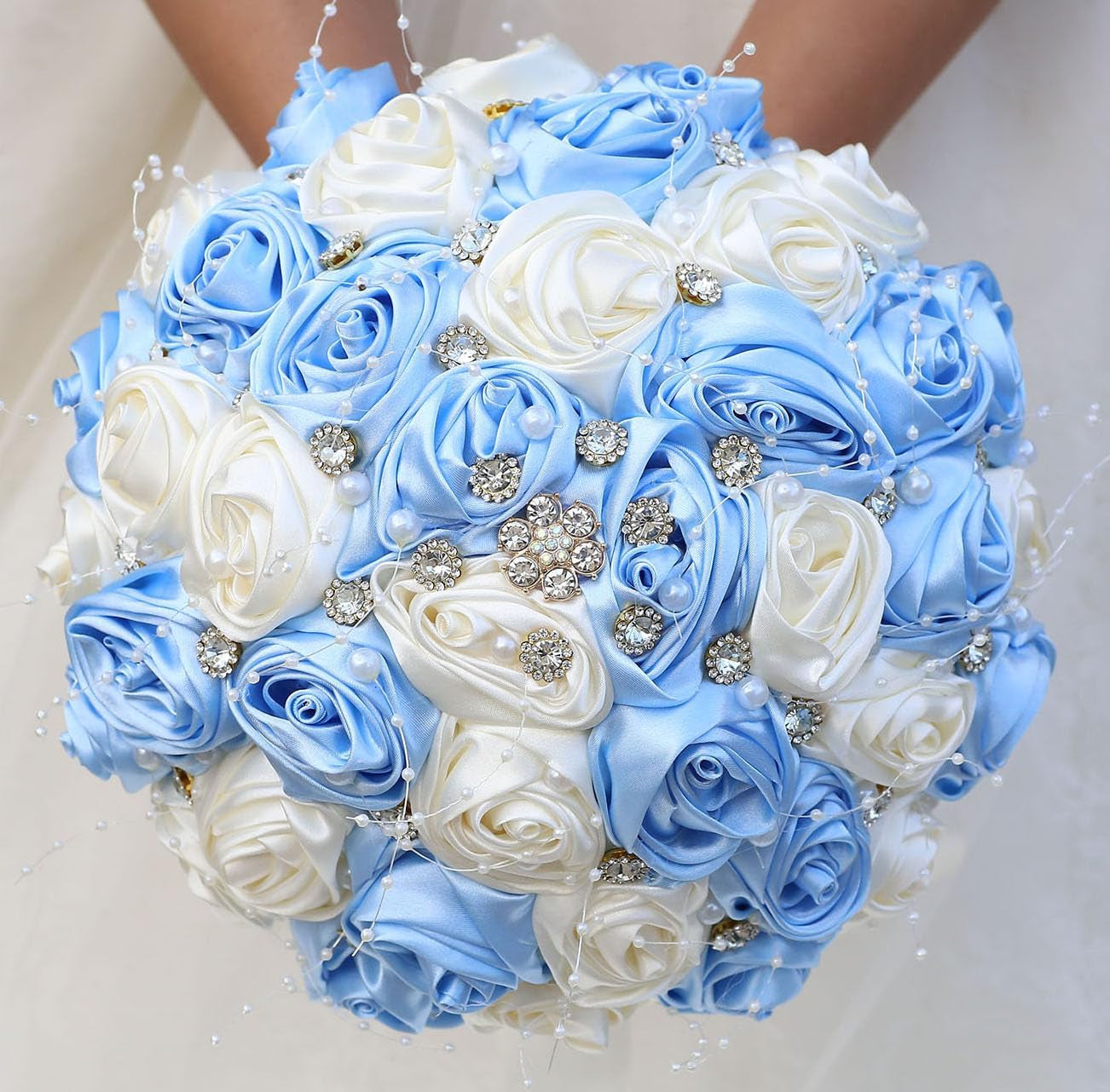 Bridal Wedding Bouquet round Bling Brooch Bouquet Throw Toss Artificial Rose Flower Bunch for Bride Bridesmaid Wedding Quinceanera(White & Black, 7.5")