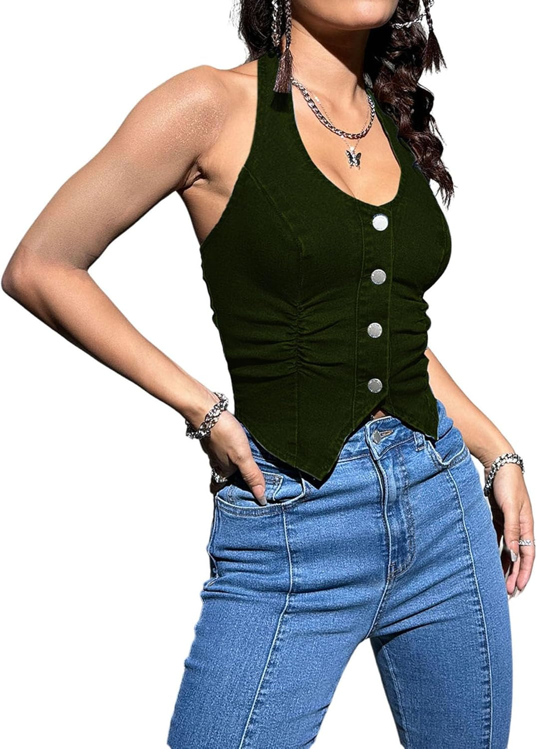 Women'S Button Front Denim Jacket Vest Sleeveless Vintage Halter Jean Crop Tank Top