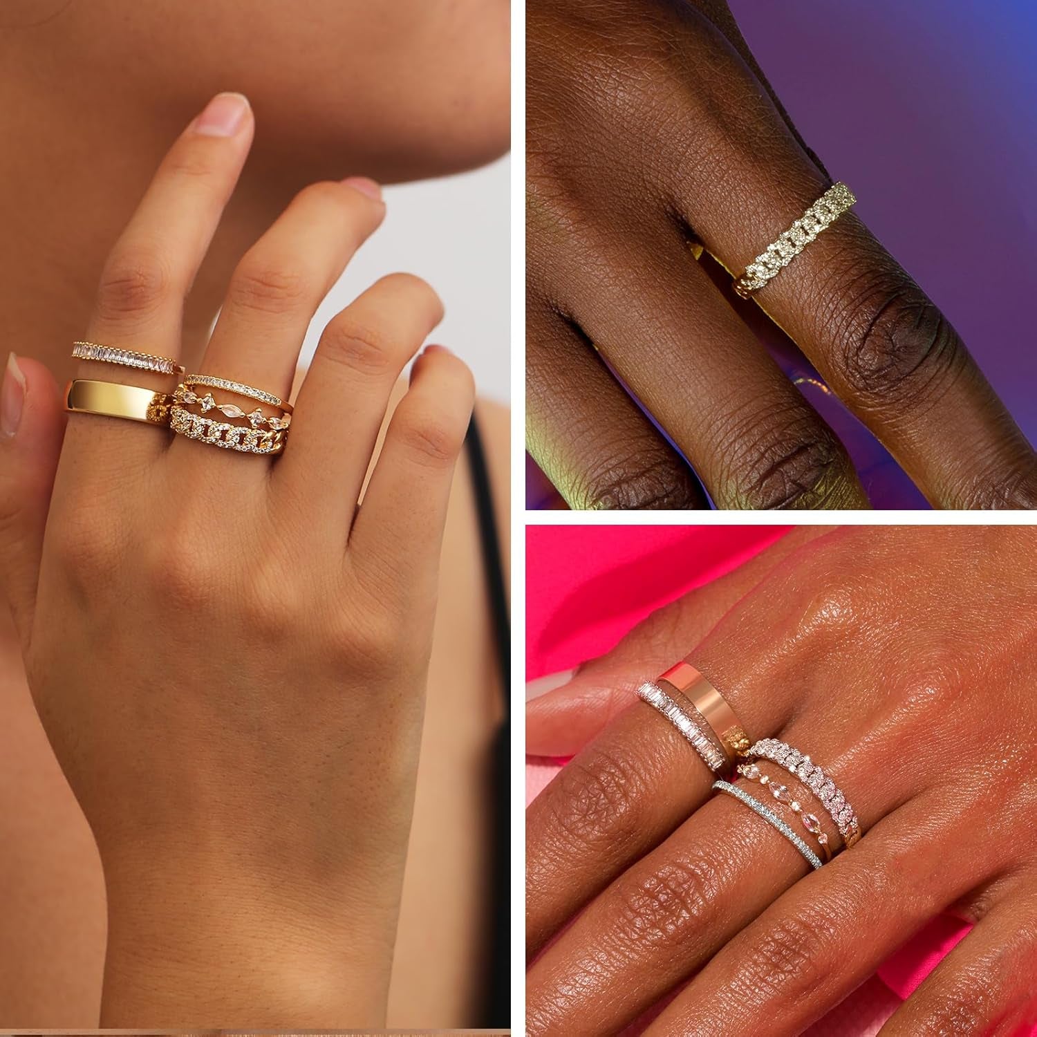 Stackable Gold Rings for Women Non Tarnish Trendy Dainty 14K Gold Plated Stacking Cubic Zirconia Thumb Ring Set Pack Statement Chunky Band Rings Promise Engagement Rings Size 7 8 9 10 11