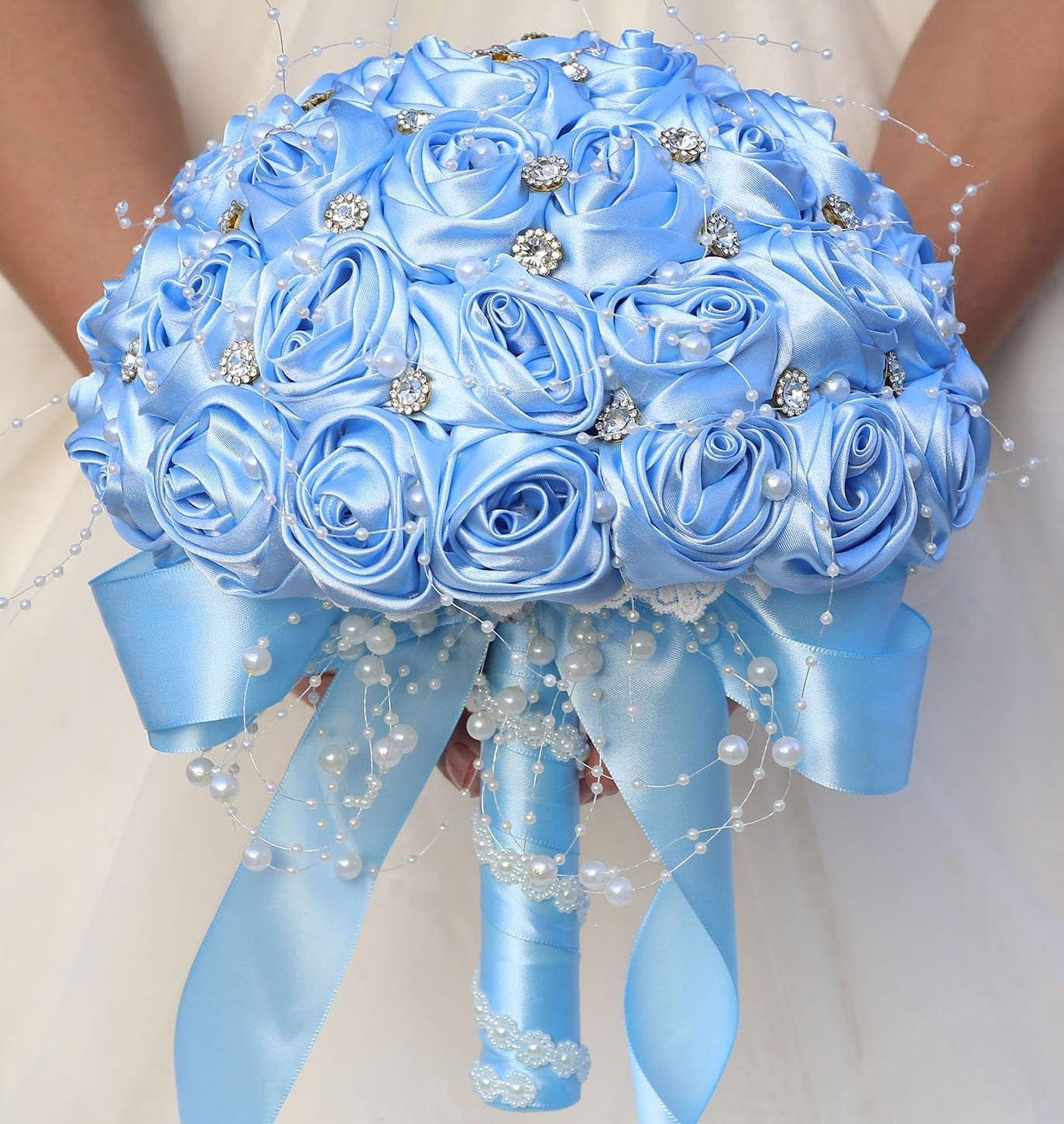 Bridal Wedding Bouquet round Bling Brooch Bouquet Throw Toss Artificial Rose Flower Bunch for Bride Bridesmaid Wedding Quinceanera(White & Black, 7.5")