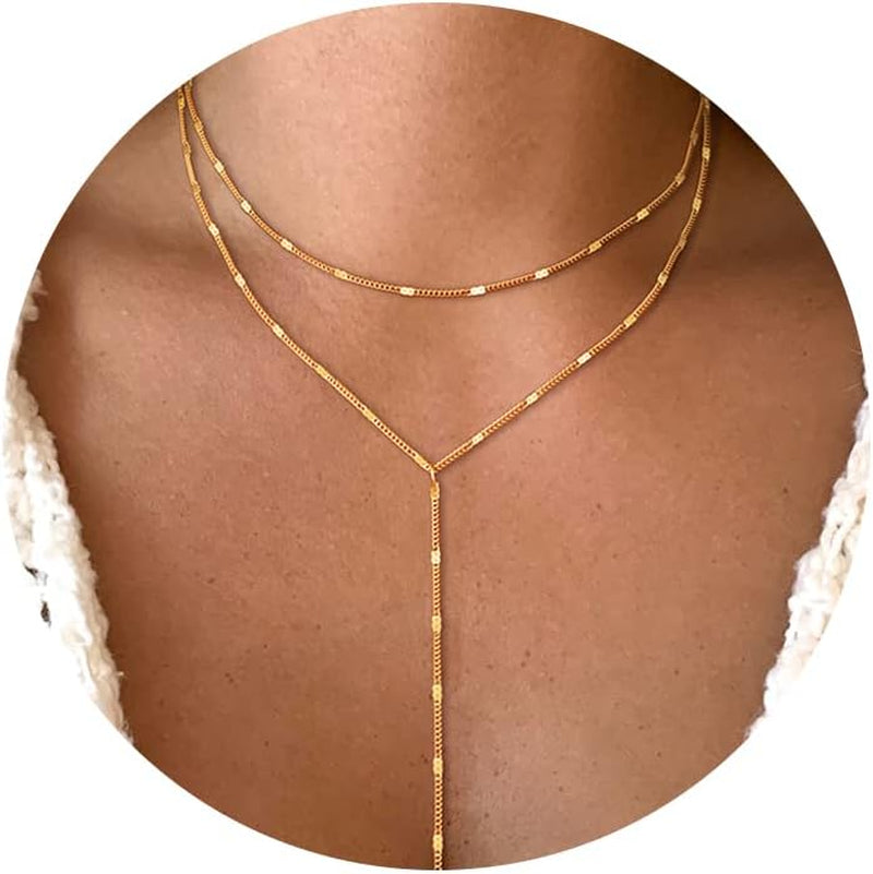 Lariat Gold Necklace for Women, Dainty Long Necklace 14K Gold Plated/Silver Y-Shaped Pendant Necklace Trendy Layered Cz Beaded Chain Drop Necklaces Simple Gold Jewelry for Women Gift