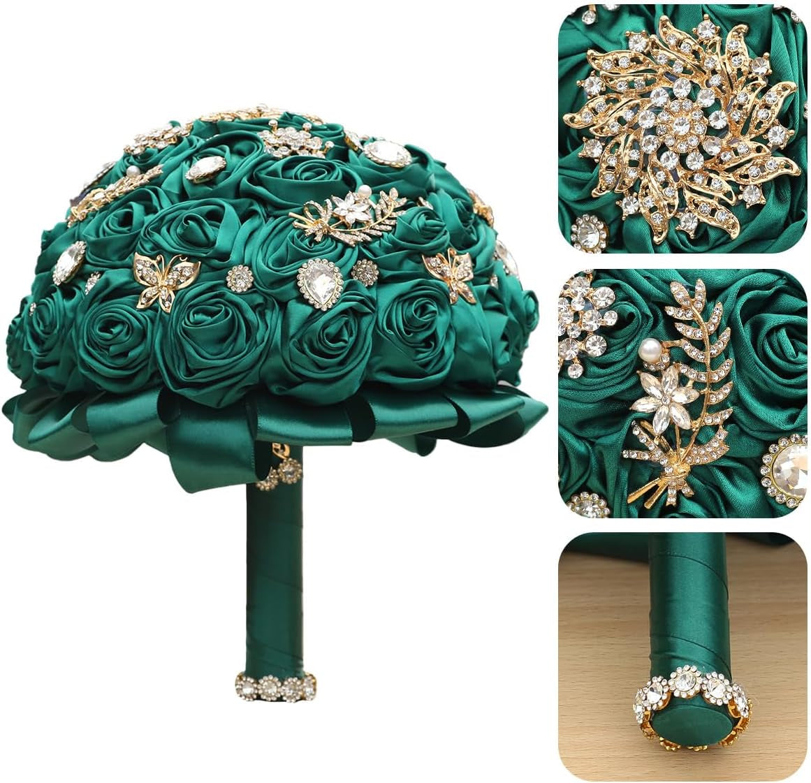 Handmade Wedding Flowers Bouquet round Holding Bridal Bouquet Artificial Satin Roses Bunch for Bride Bridesmaid Wedding Quinceanera