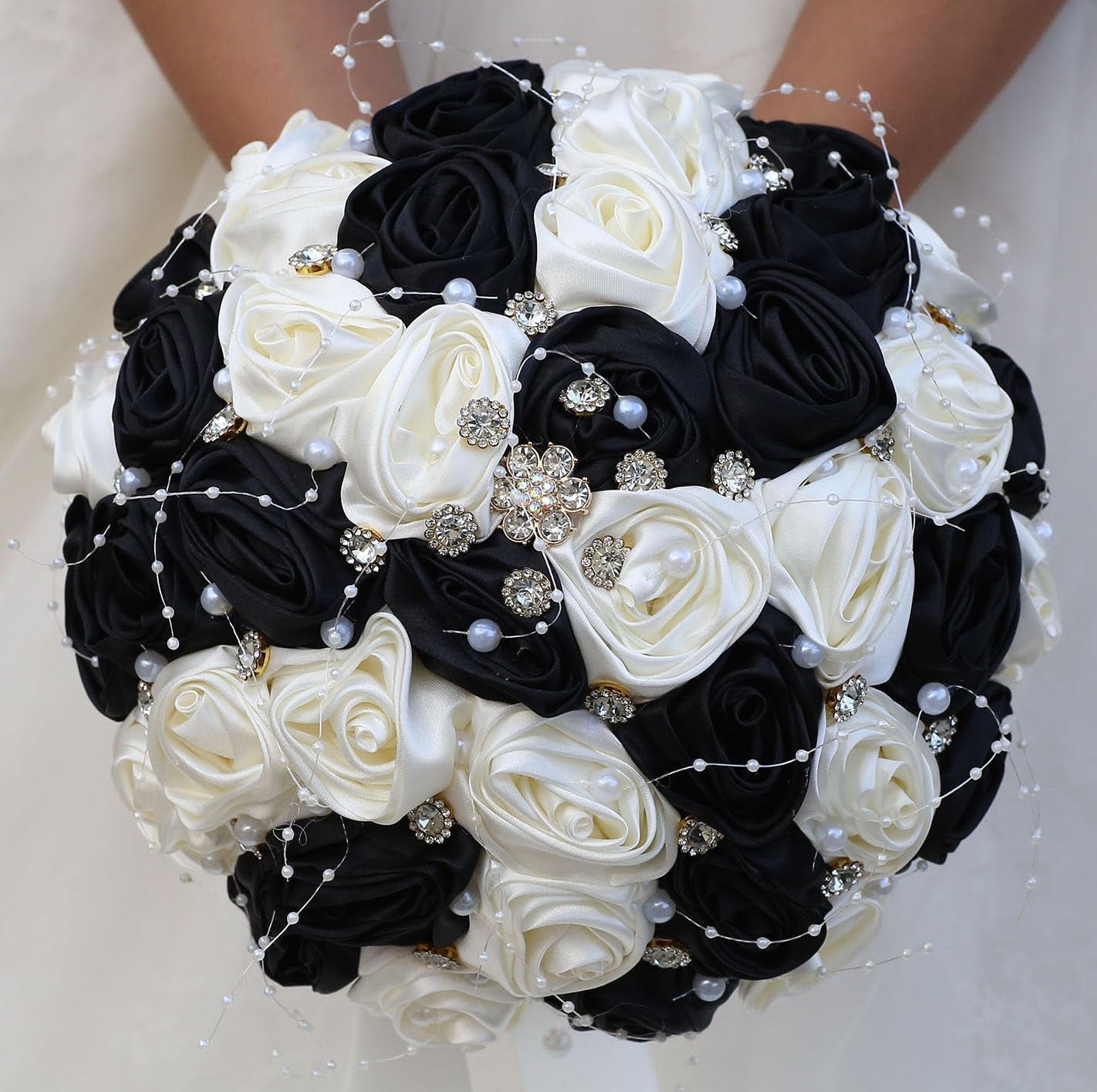 Bridal Wedding Bouquet round Bling Brooch Bouquet Throw Toss Artificial Rose Flower Bunch for Bride Bridesmaid Wedding Quinceanera(White & Black, 7.5")