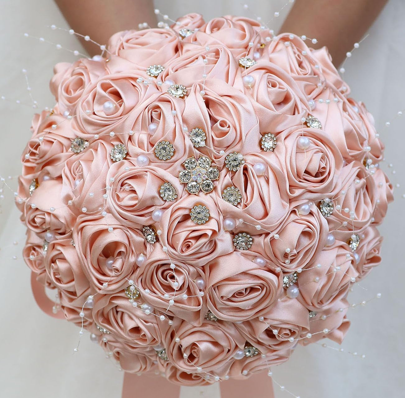 Bridal Wedding Bouquet round Bling Brooch Bouquet Throw Toss Artificial Rose Flower Bunch for Bride Bridesmaid Wedding Quinceanera(White & Black, 7.5")