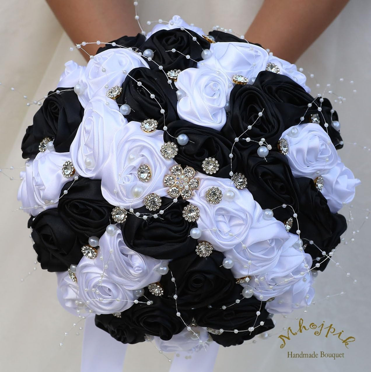 Bridal Wedding Bouquet round Bling Brooch Bouquet Throw Toss Artificial Rose Flower Bunch for Bride Bridesmaid Wedding Quinceanera(White & Black, 7.5")