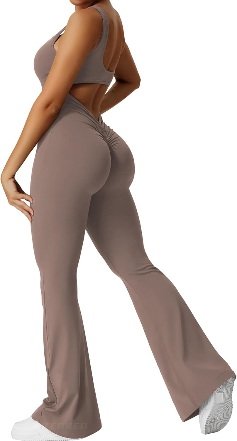 Show off Your Curves: Women's Flare Jumpsuit with Backless Design & Butt Lift