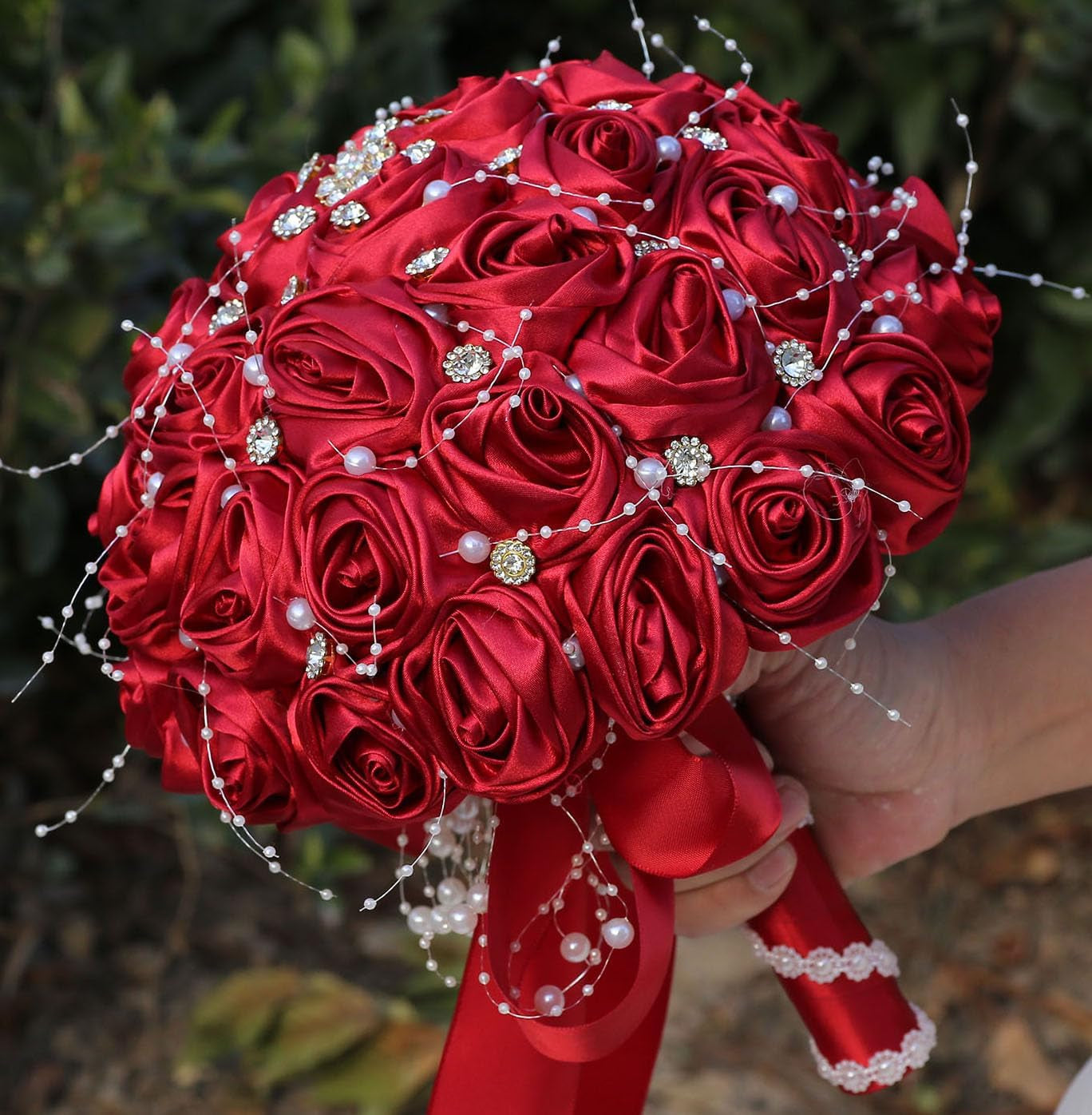 Bridal Wedding Bouquet round Bling Brooch Bouquet Throw Toss Artificial Rose Flower Bunch for Bride Bridesmaid Wedding Quinceanera(White & Black, 7.5")