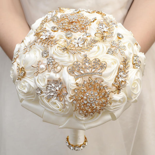 Handmade Wedding Flowers Bouquet round Holding Bridal Bouquet Artificial Satin Roses Bunch for Bride Bridesmaid Wedding Quinceanera