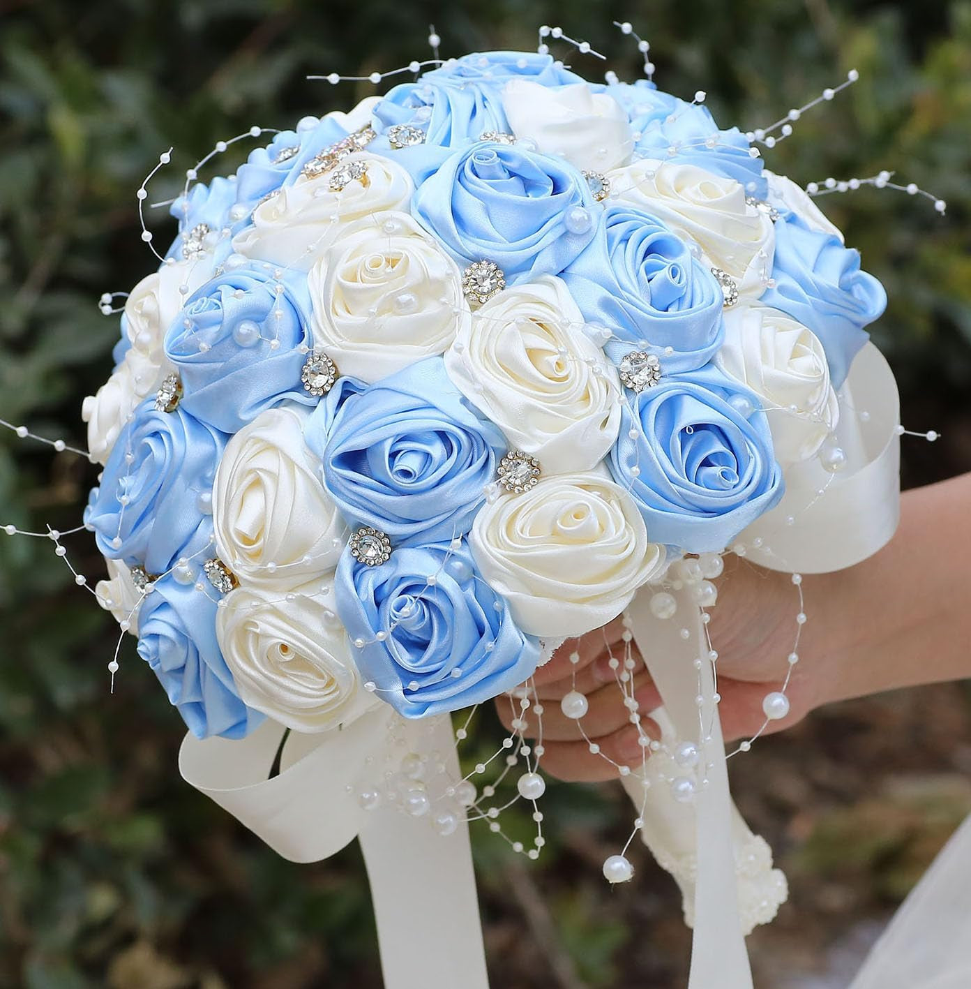 Bridal Wedding Bouquet round Bling Brooch Bouquet Throw Toss Artificial Rose Flower Bunch for Bride Bridesmaid Wedding Quinceanera(White & Black, 7.5")