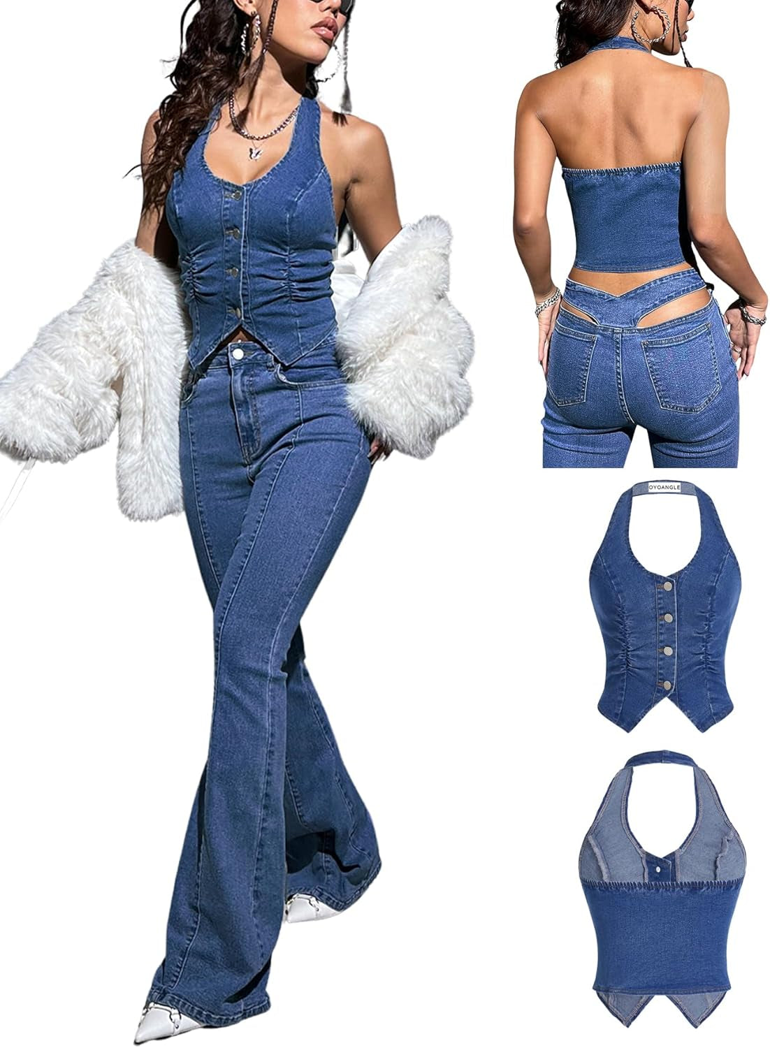 Women'S Button Front Denim Jacket Vest Sleeveless Vintage Halter Jean Crop Tank Top