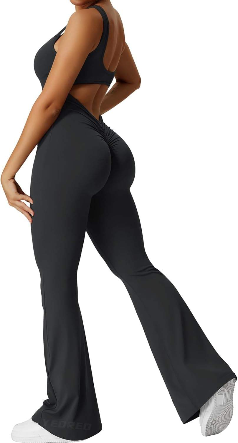 Show off Your Curves: Women's Flare Jumpsuit with Backless Design & Butt Lift