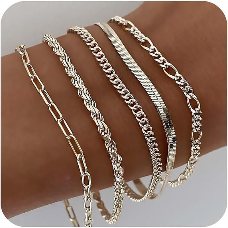 Gold Bracelets for Women Waterproof, 14K Real Gold Jewelry Sets Trendy Thin Dainty Stackable Cuban Link Paperclip Chain Bracelet Pack Fashion Accessories Gifts for Womens
