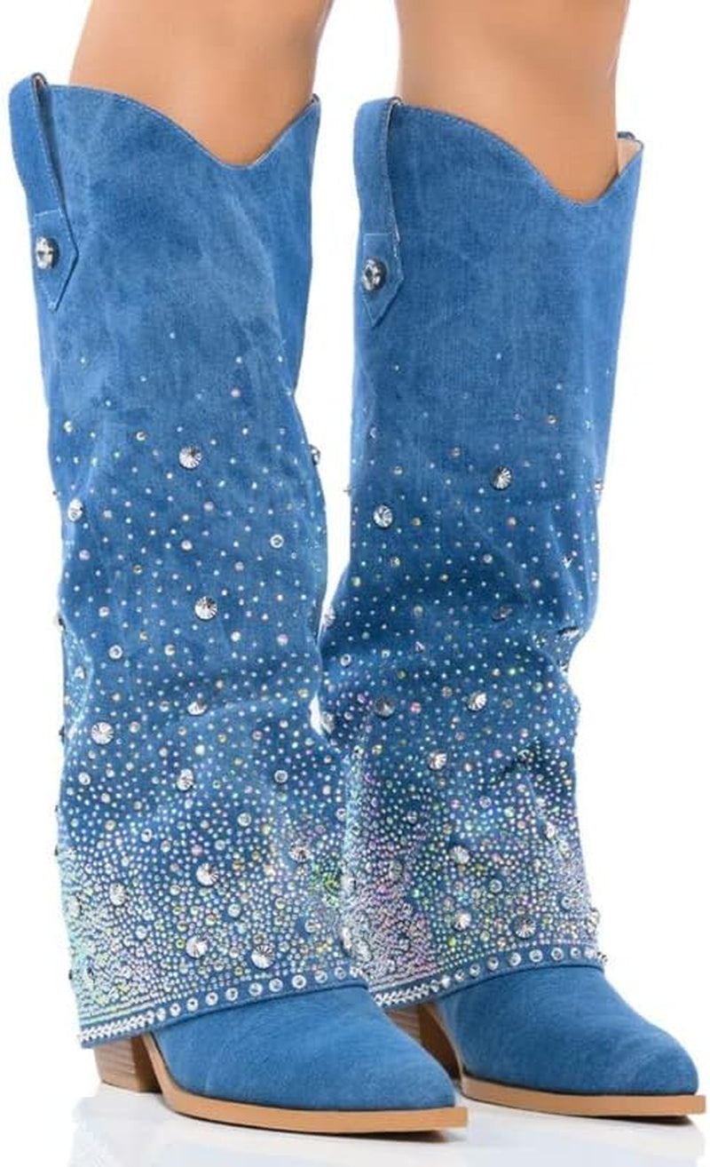 Women'S Sparkly Rhinestone Cowboy Western Denim Boots Knee High Pointed Toe Pull-On Jean Boots