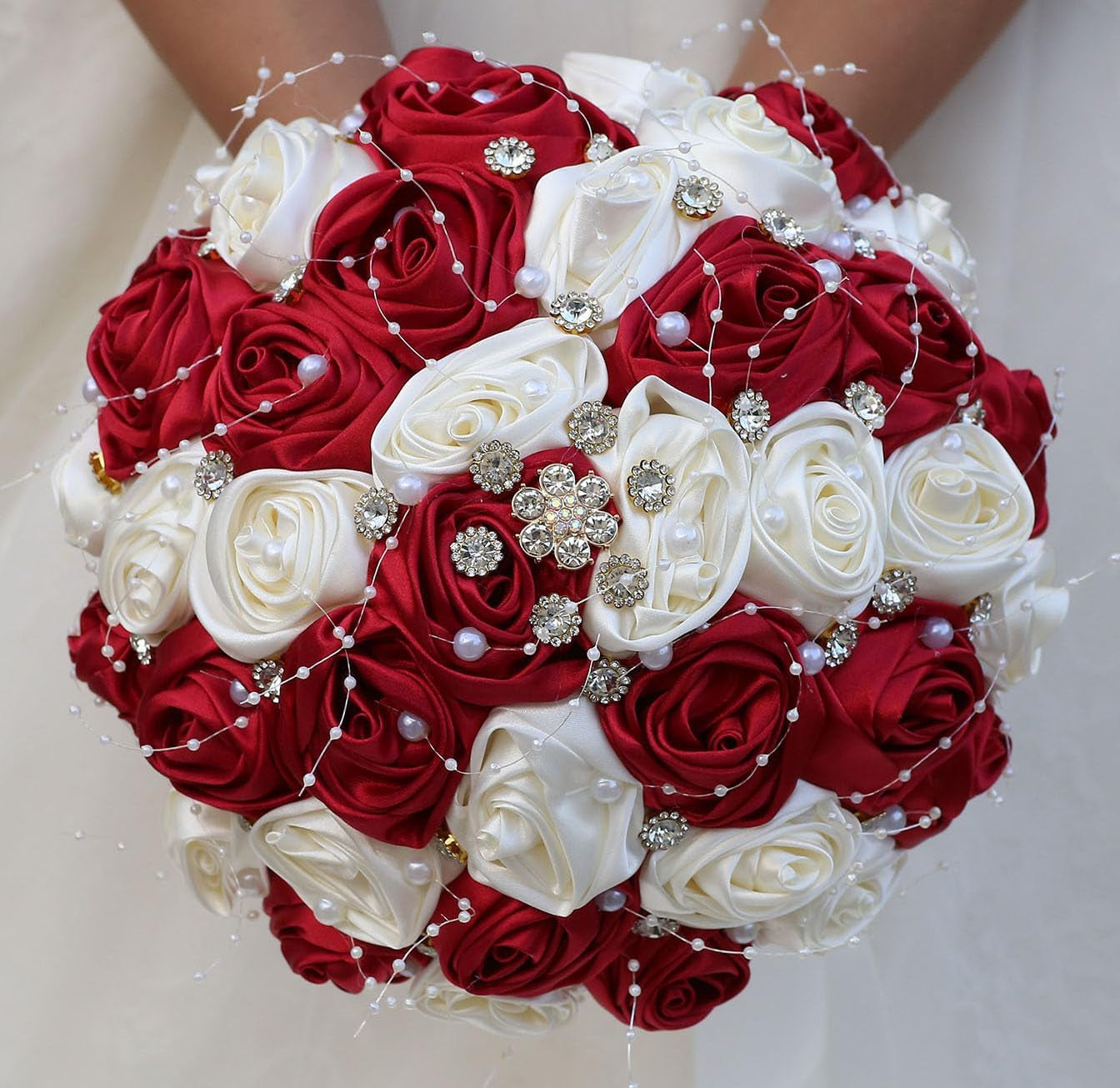 Bridal Wedding Bouquet round Bling Brooch Bouquet Throw Toss Artificial Rose Flower Bunch for Bride Bridesmaid Wedding Quinceanera(White & Black, 7.5")