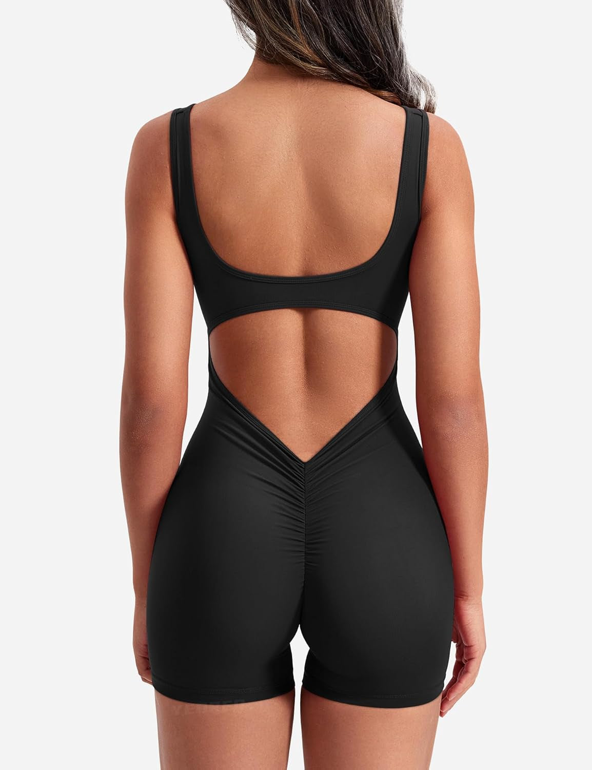 Chic Backless Workout Jumpsuit Women's Tummy Control Sleeveless Lizette V-Back Scrunch Yoga Romper