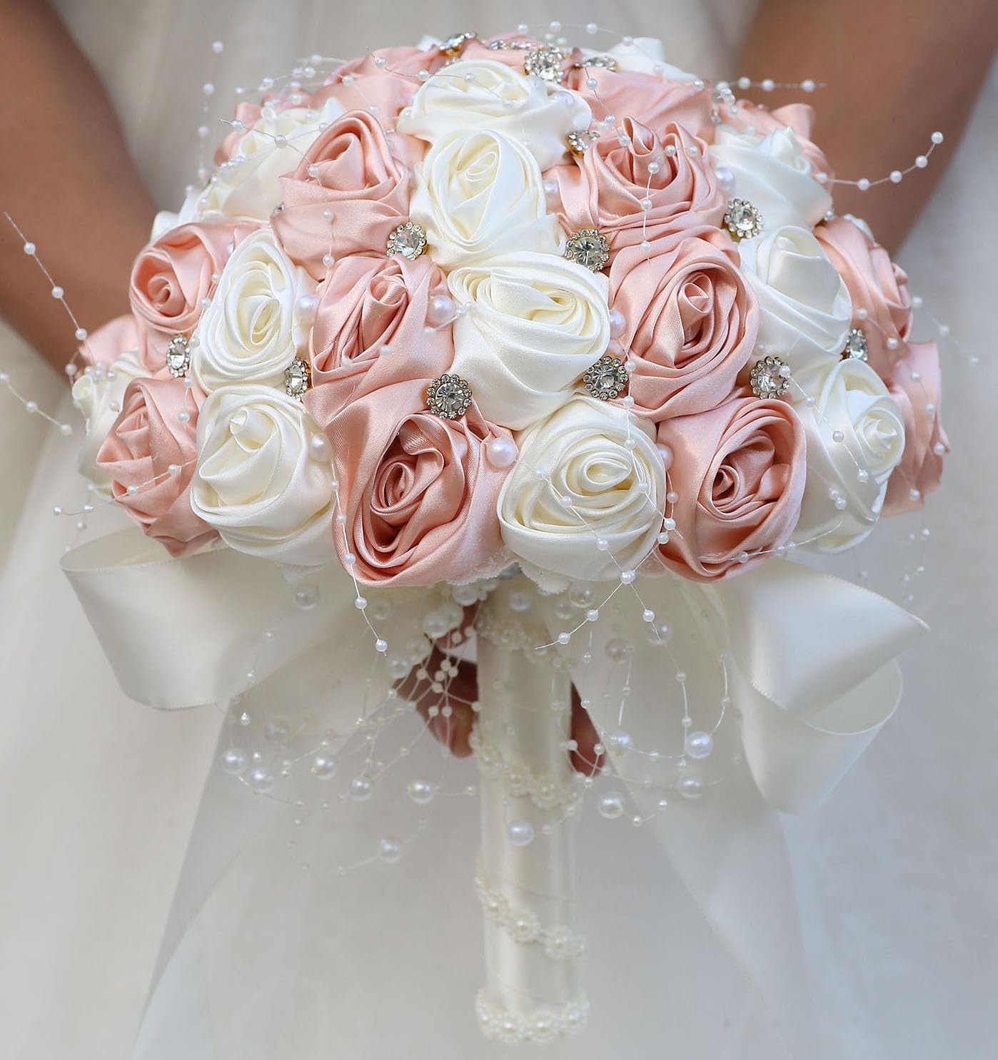 Bridal Wedding Bouquet round Bling Brooch Bouquet Throw Toss Artificial Rose Flower Bunch for Bride Bridesmaid Wedding Quinceanera(White & Black, 7.5")