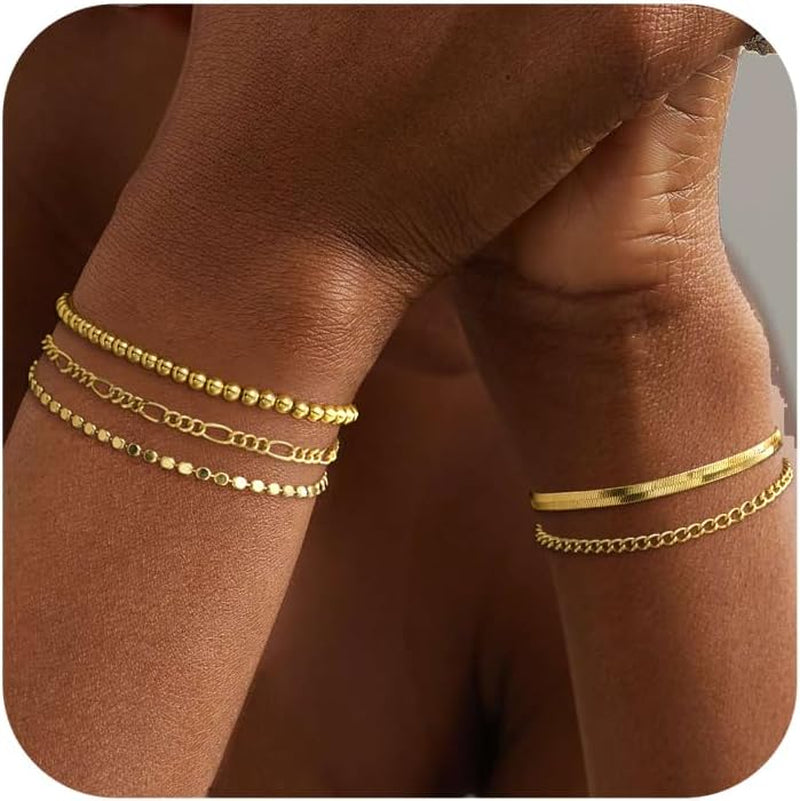 Gold Bracelets for Women Waterproof, 14K Real Gold Jewelry Sets Trendy Thin Dainty Stackable Cuban Link Paperclip Chain Bracelet Pack Fashion Accessories Gifts for Womens