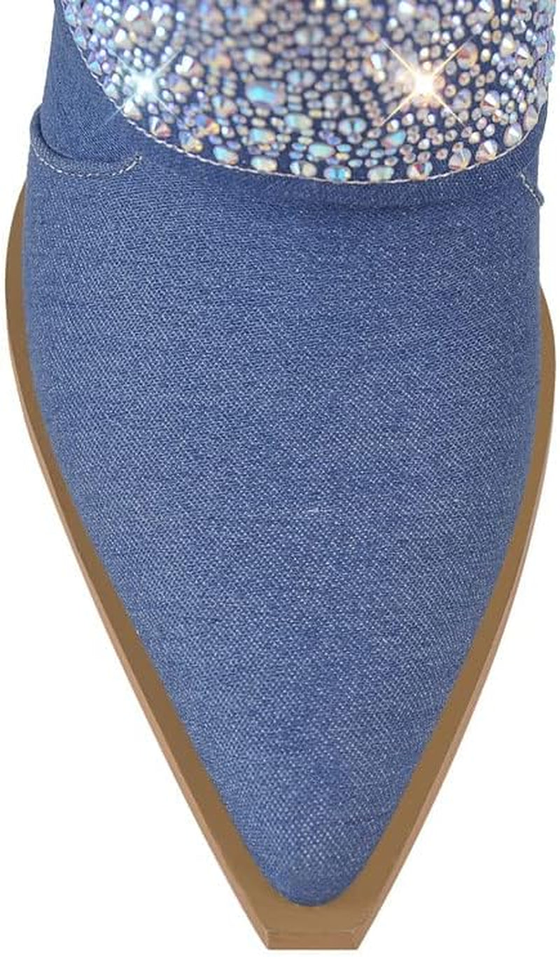 Women'S Sparkly Rhinestone Cowboy Western Denim Boots Knee High Pointed Toe Pull-On Jean Boots