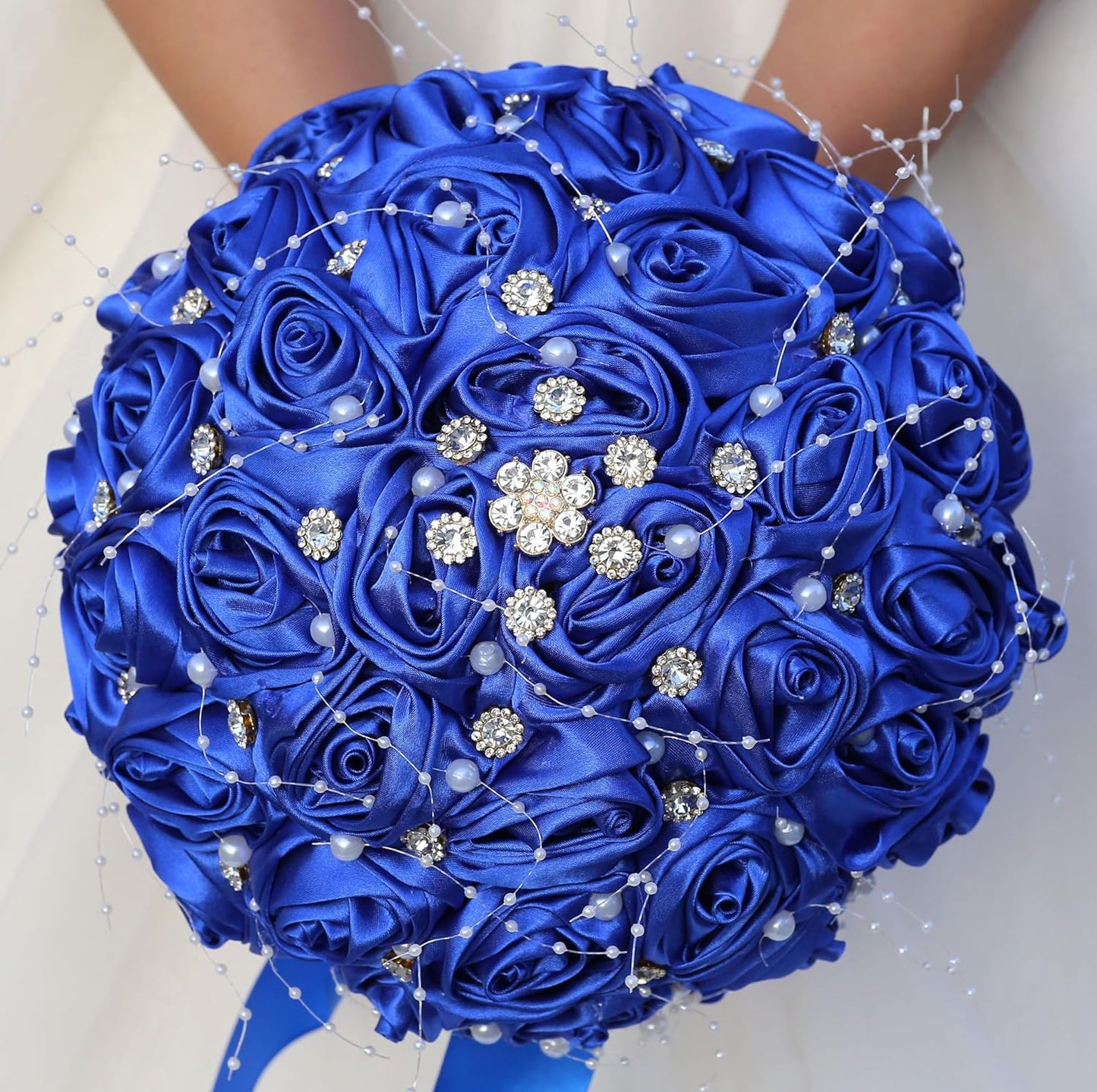 Bridal Wedding Bouquet round Bling Brooch Bouquet Throw Toss Artificial Rose Flower Bunch for Bride Bridesmaid Wedding Quinceanera(White & Black, 7.5")